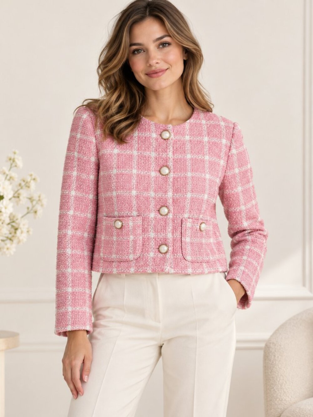 Rachel Zoe Women’s Pink and White Plaid Tweed Button-Down Blazer Jacket Size M